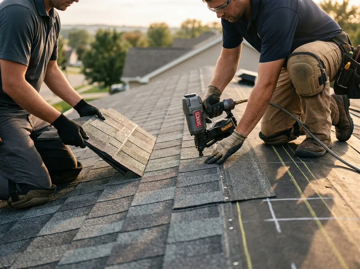 Professional roofer working on a residential roof in Benson